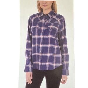 Jachs Girlfriend Plaid Flannel Check Shirt Navy Blue Pink Snap Closure M NWT